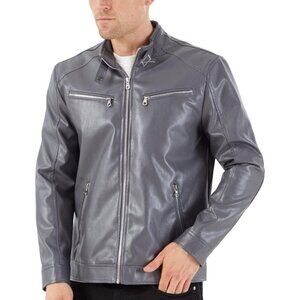 🆕Men's Dark Grey Collar Leather Motorcycle Lightweight Faux Leather Jacket